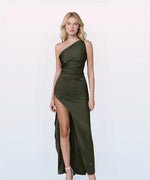 Vestido formal maxi sexy de satén con un hombro para mujer