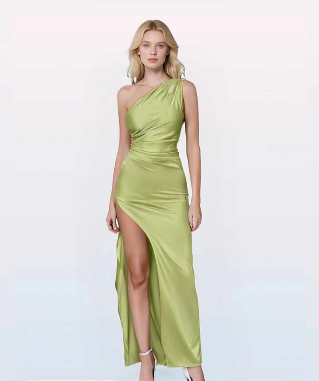 Vestido formal maxi sexy de satén con un hombro para mujer